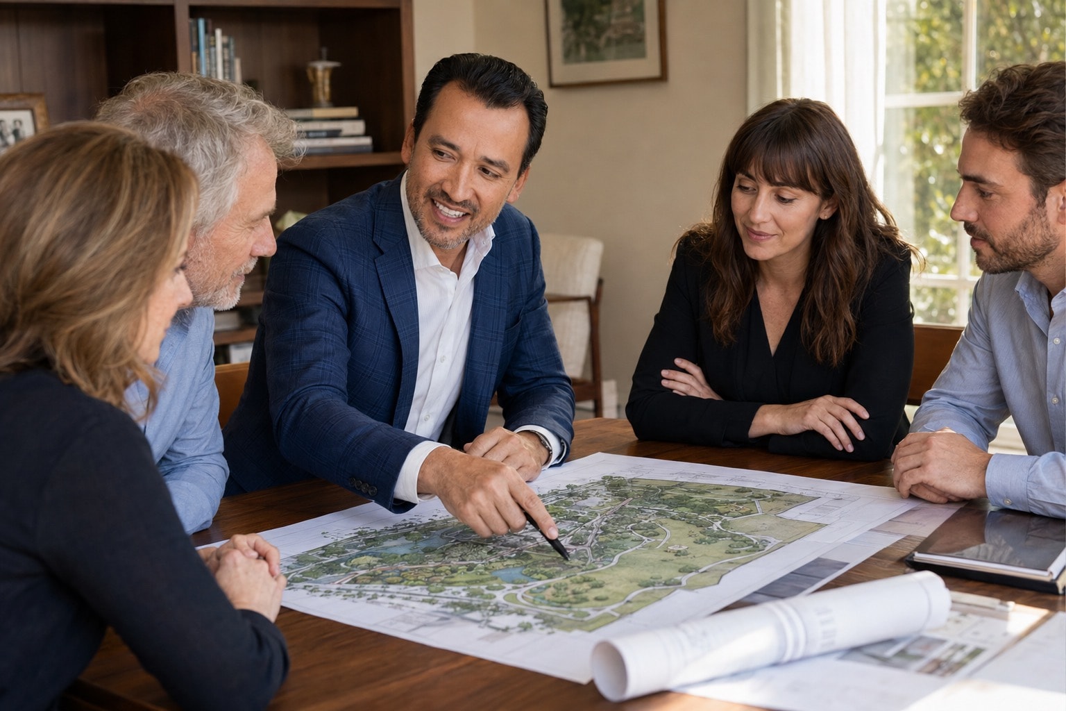 A multigenerational family and advisors reviewing a commercial real estate plan