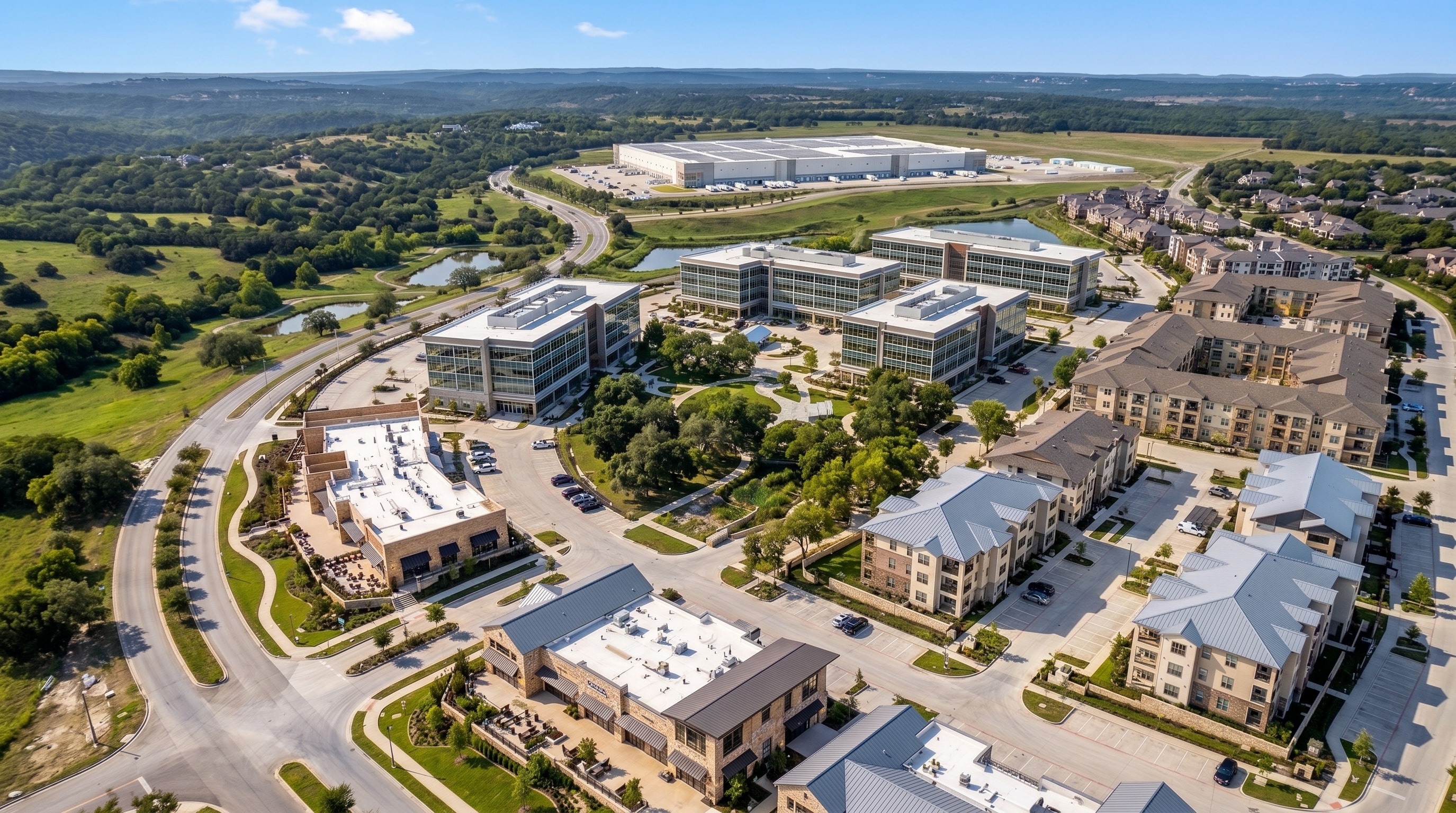 Completed Adventum industrial development at dusk