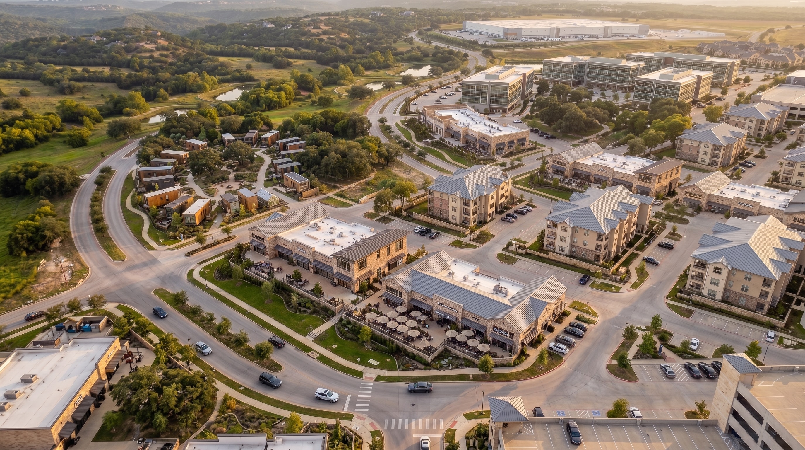 Completed Adventum industrial development at dusk